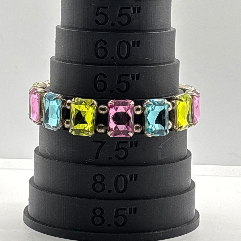 Multicolor Bracelet Emerald Cut Crystal Stretch Silver Tone Pink Blue Yellow